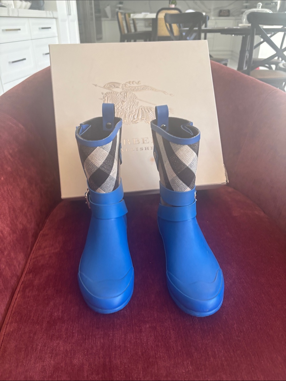 Burberry Royal Blue Rubber Rain Boots with Nova Check Cuff